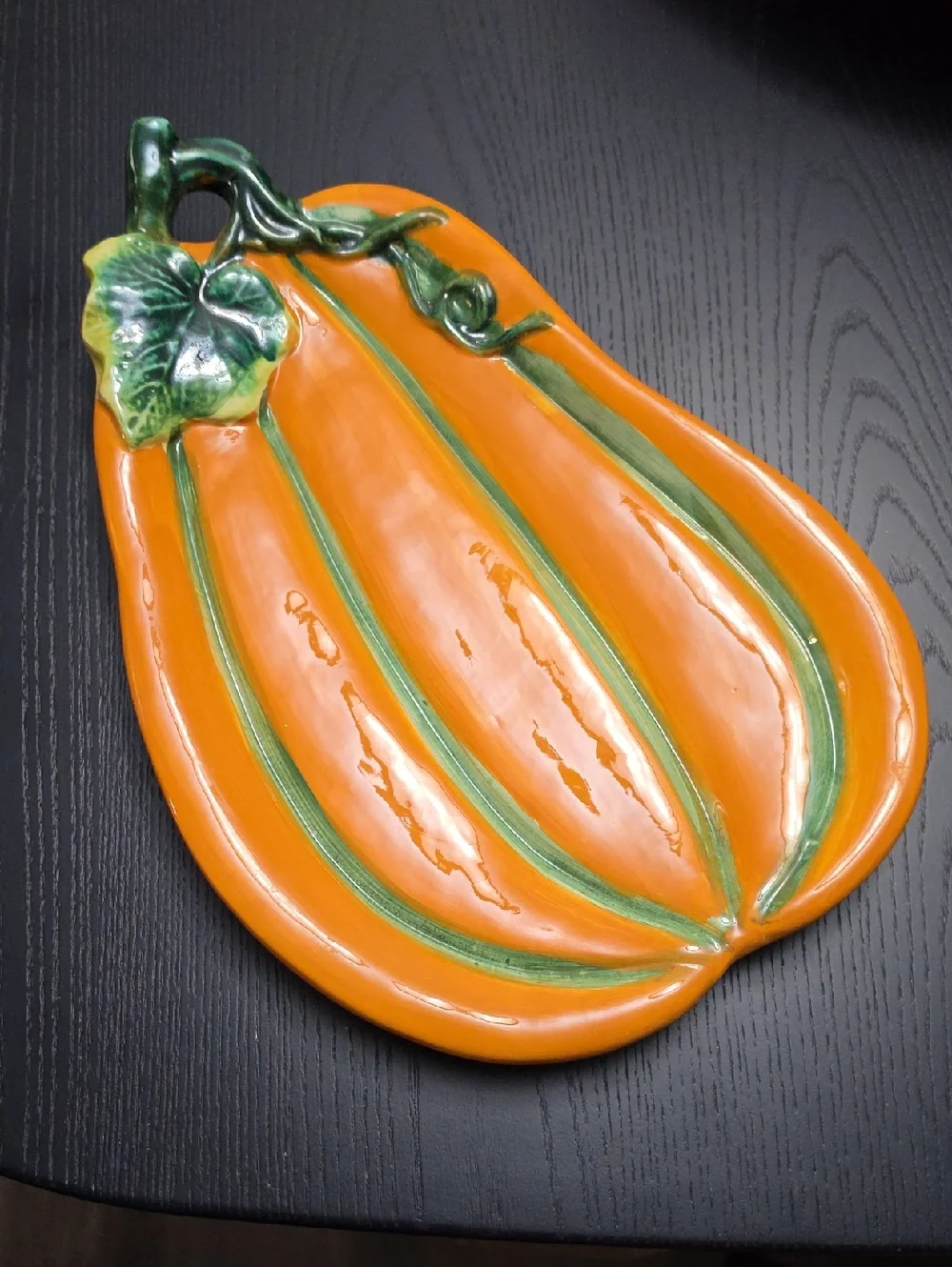 Festive Orange Ceramic Pumpkin Serving Platter with Green Accent - Picture 1 of 10